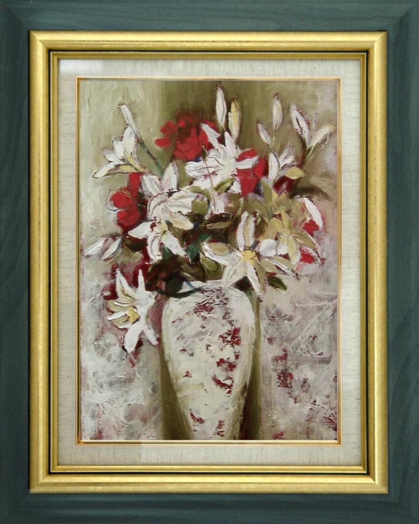 油絵 菅家令子絵 絵画インテリア額付(青緑＋金色の枠) uF6-112402ゆり